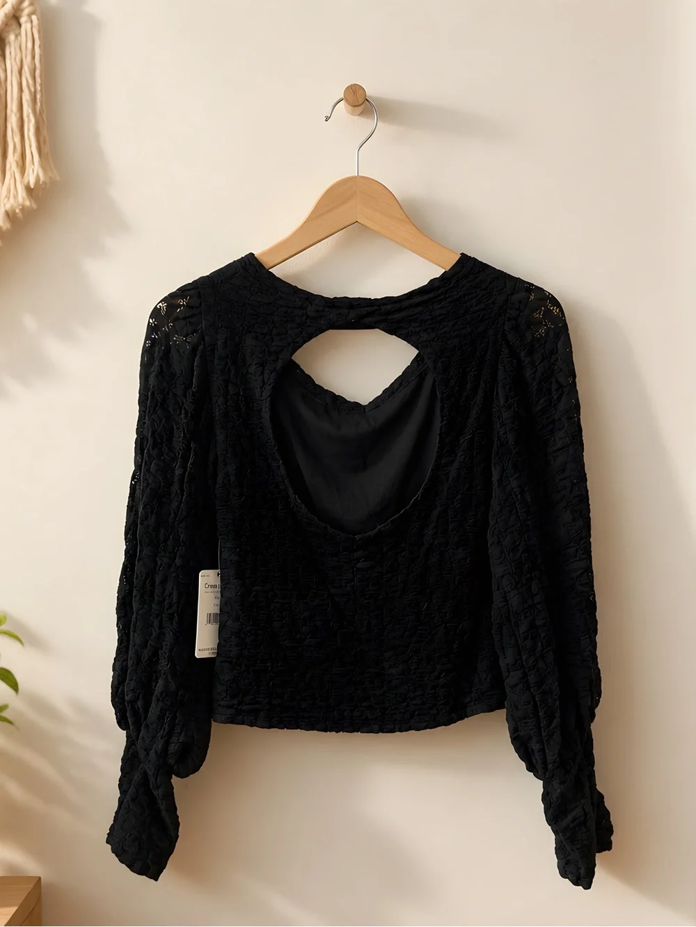 Free People Black Textured V-Neck Puff Sleeve Blouse